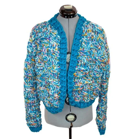 NWT Handmade Crochet Blue Feral Medium Bomber Jacket Sweater Cardigan Chunky